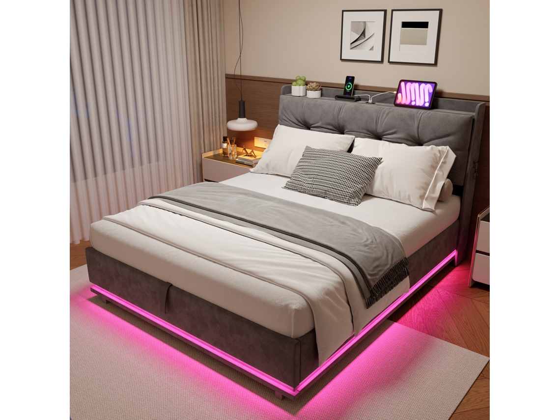 Cama Com Estofos 160x200 Cm,led Cama Hidráulica,com Uma Faixa De Luzes À Volta Da Base,cama De Casal Com Porta Usb Para Carregamento,veludo,cinzenta