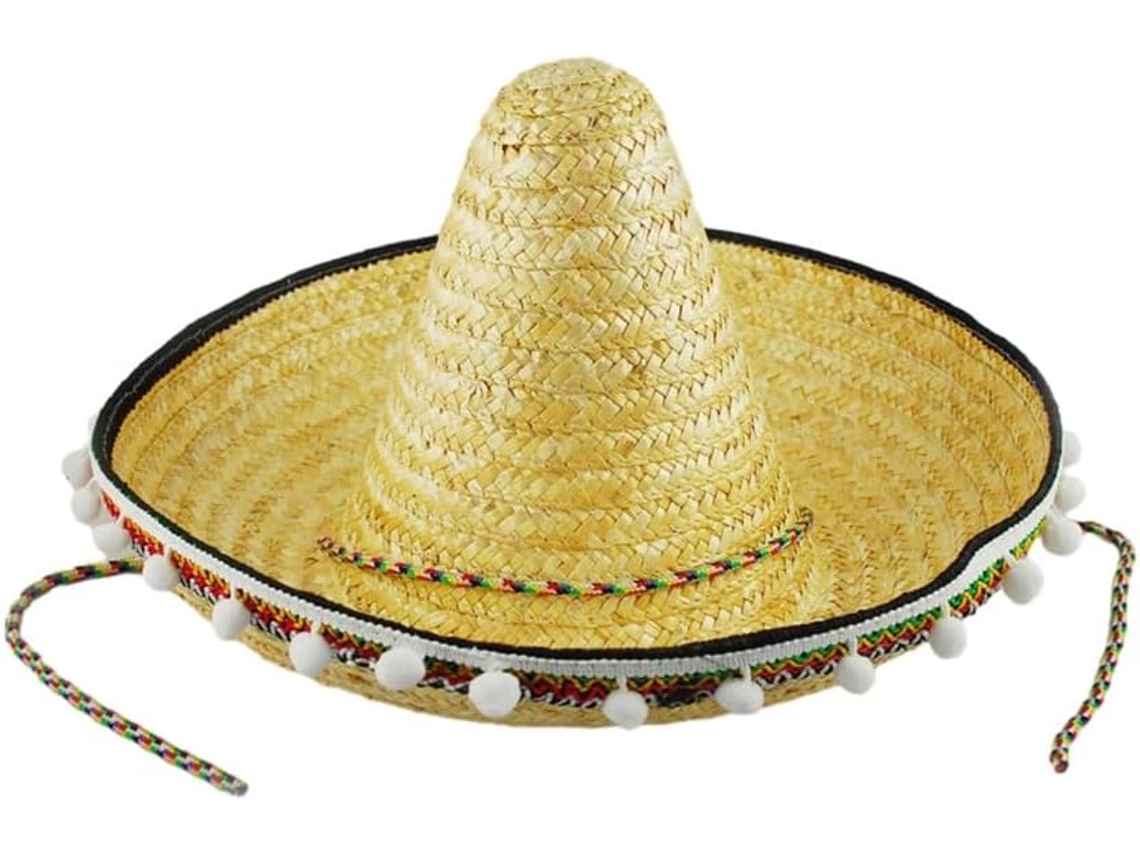 Palha Chapéu Artesanal Mexicana, Estilo Havaiano Com Pompons Brancos, Cor De Grama, Tamanho Único.