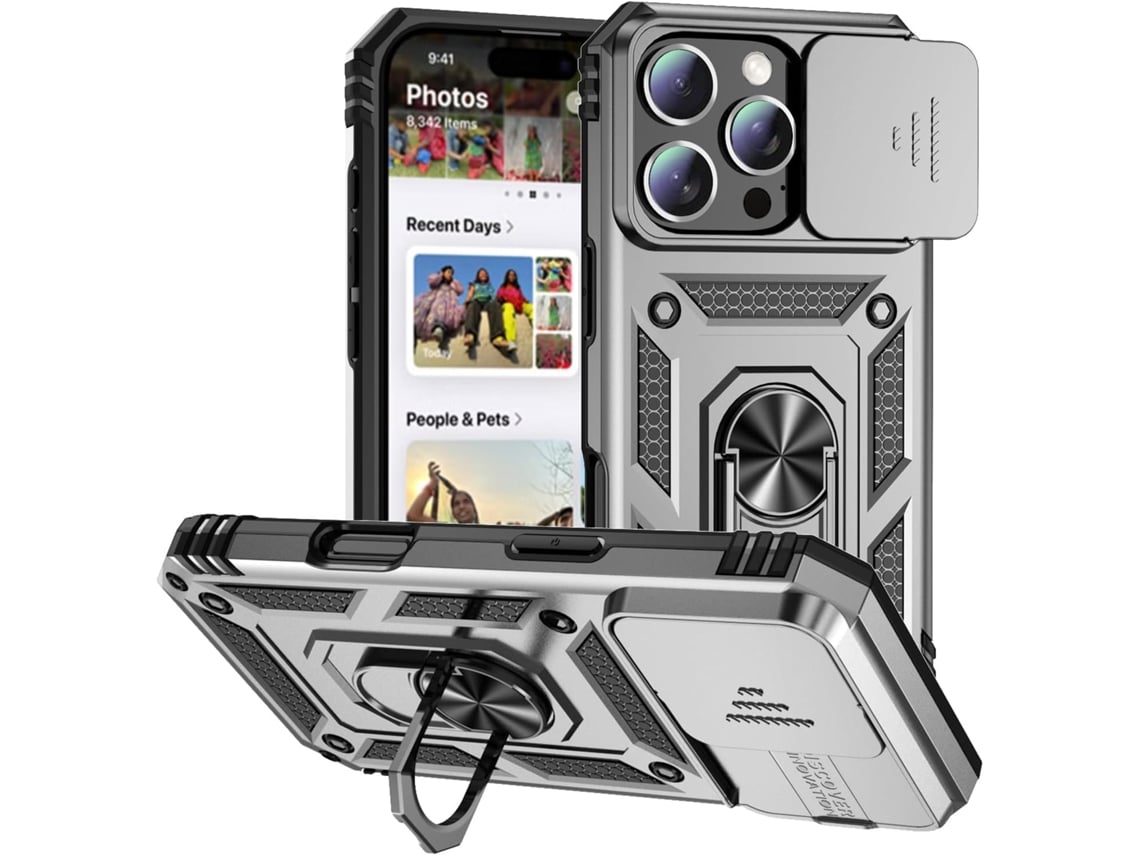 Capa magnética AEUZWR compatível com iPhone 16 Pro com protetor de câmera, suporte integrado e resistente a impactos, na cor preta.