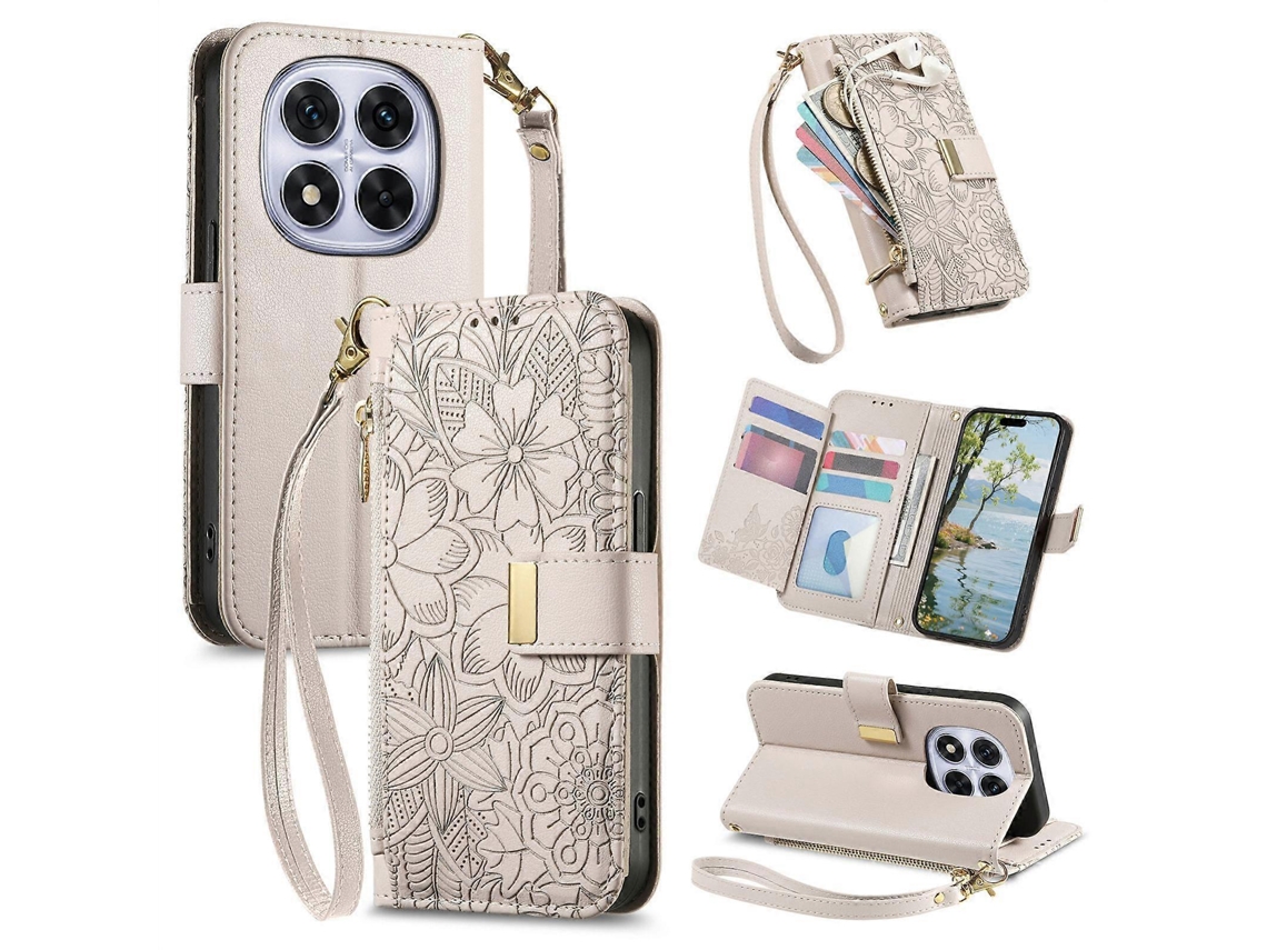 Capa Carteira De Couro Com Zíper, Estampa De Flores E Folhas, Com Alça, Para Redmi Note 14 Pro 5g.
