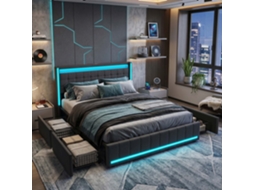 Cama de casal em linho com LED RGB, 4 gavetas e carregamento USB/type C, cinza escuro, 140x200 cm