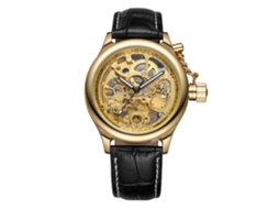 Relógio masculino automático mecânico elegante com pulseira de couro PU (dourado + preto dourado)