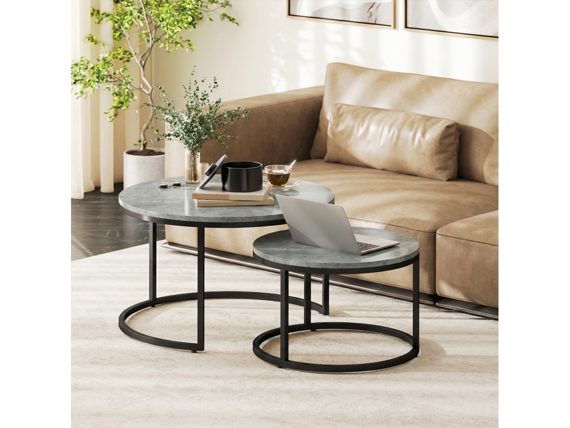 Conjunto De 2 Mesas Laterais Empilháveis, Estrutura Metálica E Tampo Cinza, Ideal Para Sala De Estar, Quarto Ou Escritório - Design Moderno