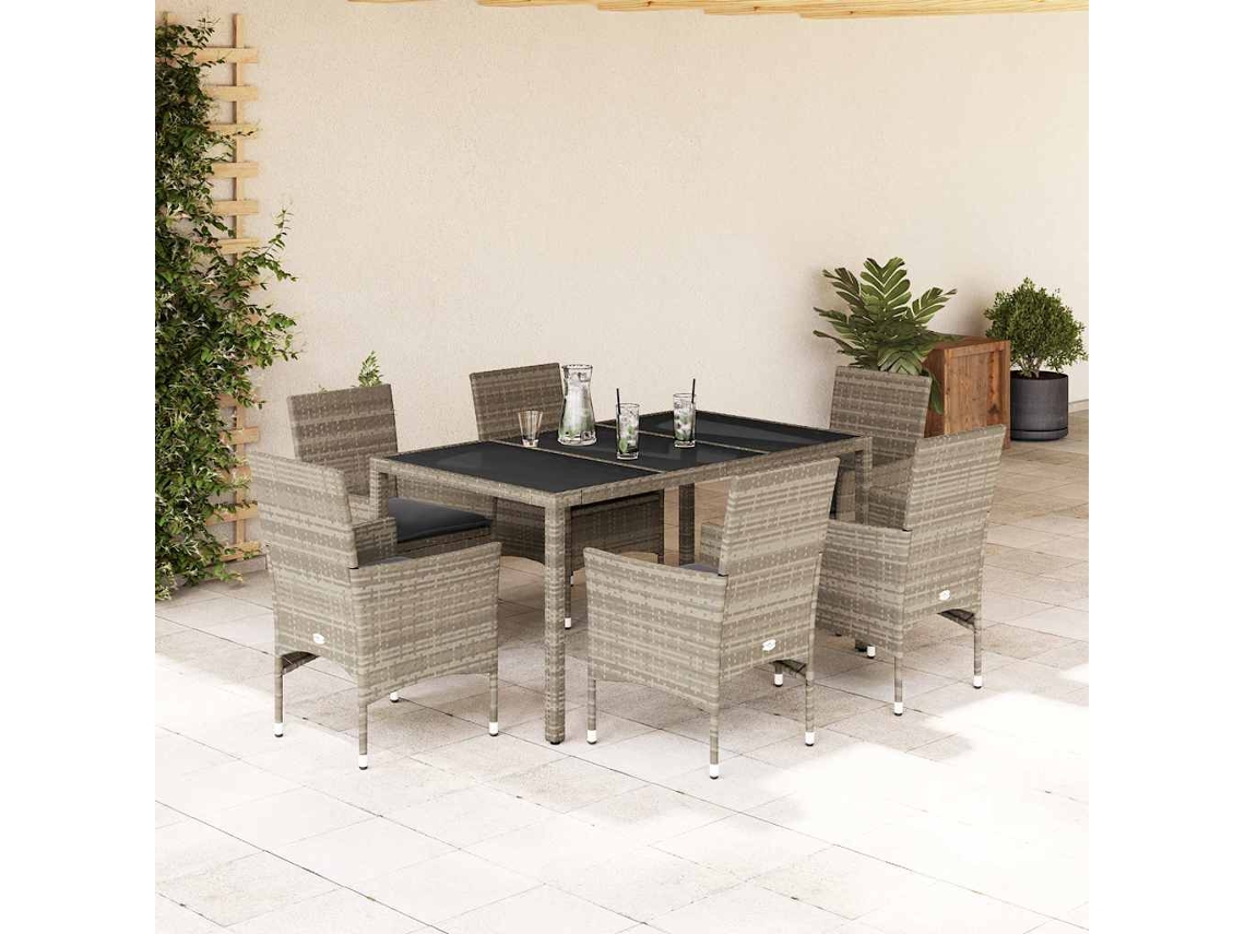 Vidaxl 7pcs Conj. Jantar Jardim + Almofadões Vime Pe/vidro Cinza Claro