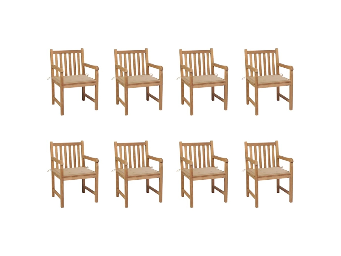 Vidaxl Cadeiras De Jardim C/ Almofadões Bege 8 Pcs Teca Maciça