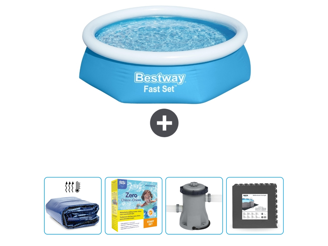 Piscina Inflável Redonda BESTWAY Fast Set 244 X 61 Cm Azul Incluída Vela Solar Pacote de Manutenção Bombear Ladrilhos