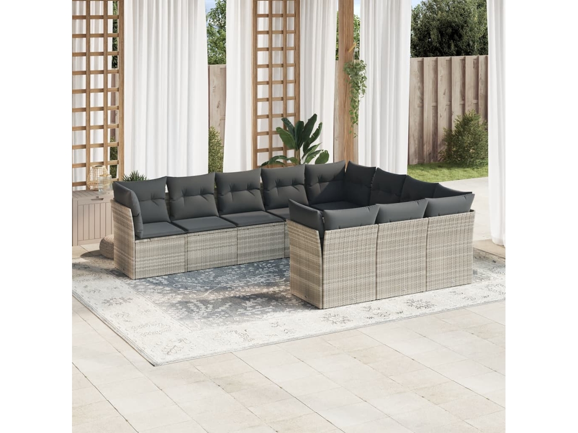 Vidaxl 10 Pcs Conj. Sofás Jardim Com Almofadões Vime Pe Cinzento-claro