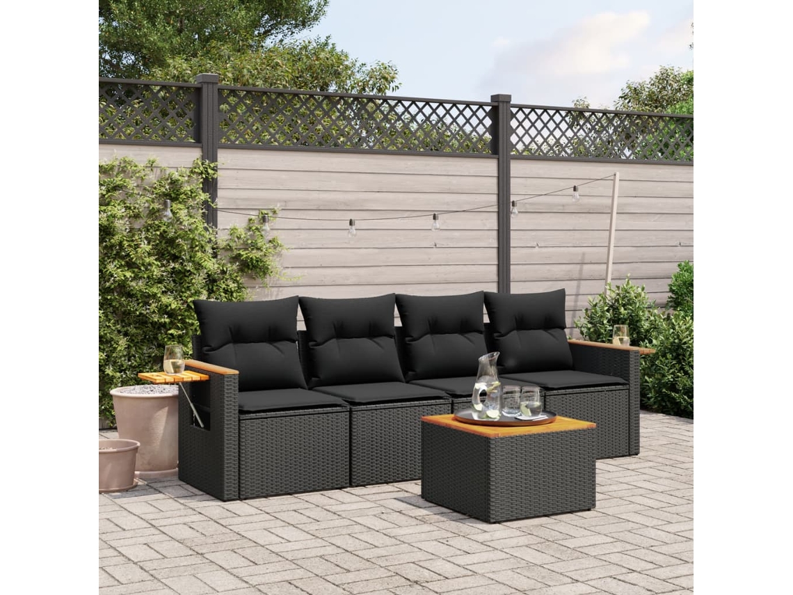 Vidaxl 5 Pcs Conjunto Sofás De Jardim Com Almofadões Vime Pe Preto