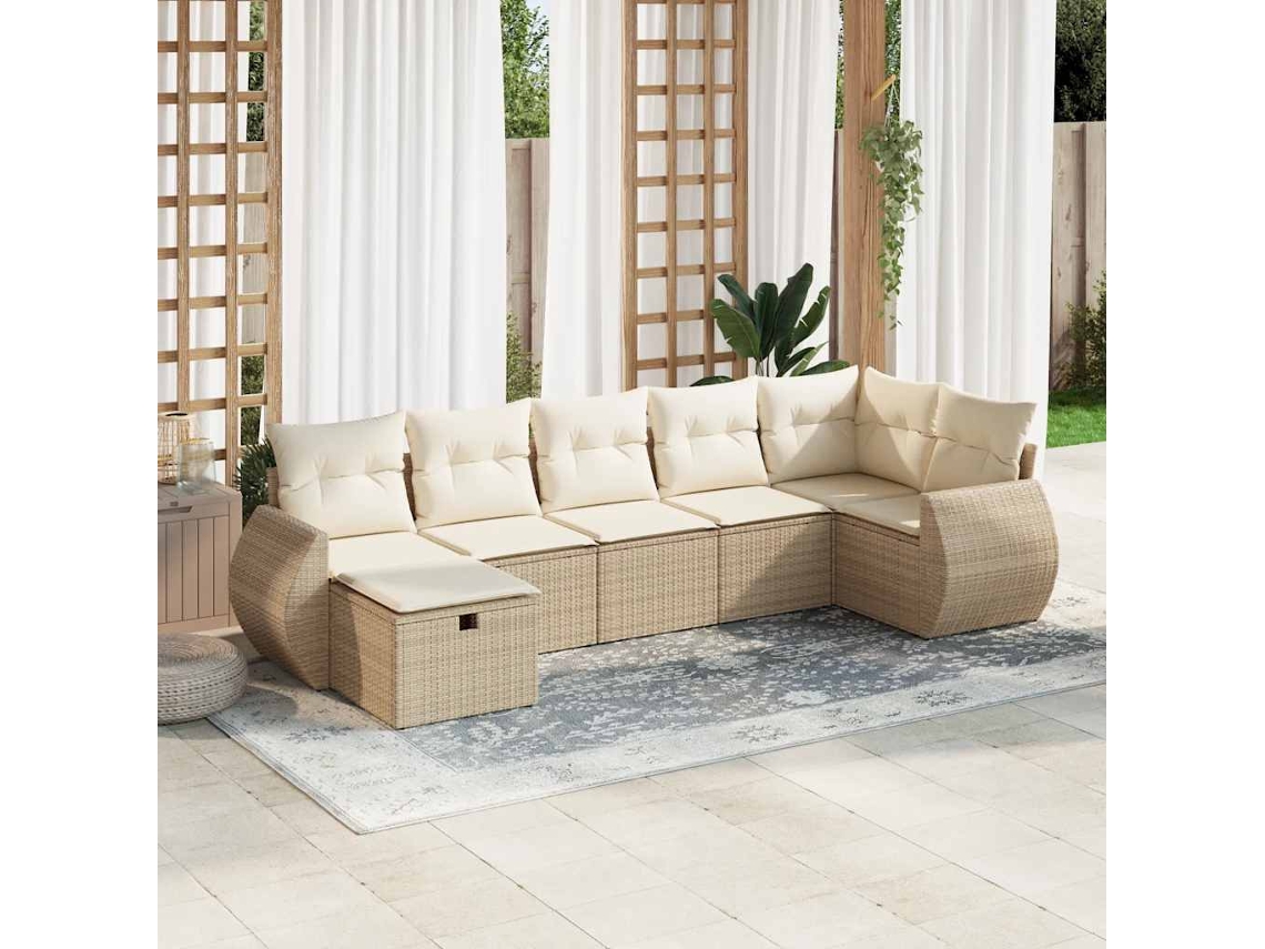 Vidaxl 7 Pcs Conjunto De Sofás P/ Jardim Com Almofadões Vime Pe Bege