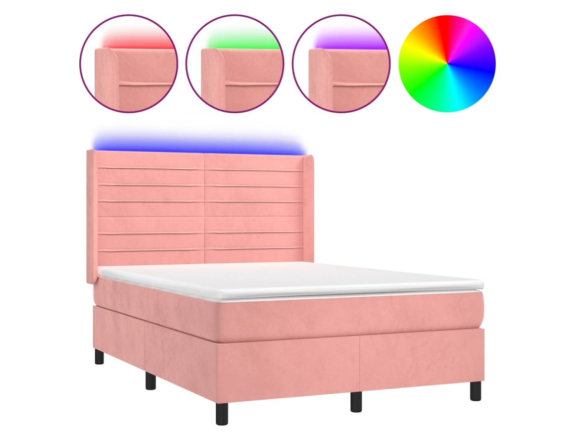 Cama Box Spring C/ Colchão/led 140x200 Cm Veludo Rosa MAISON EXCLUSIVE