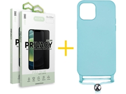 Capa + 2 Películas de Vidro Anti-Spy iPhone 13 Pro Max ACCETEL Gel Rope Azul Água