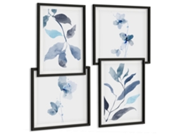 Composição De Quadros Acentos Vegetais Azuis Espelharte (4 Peças)