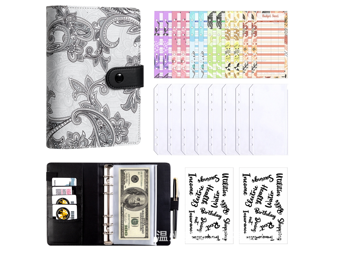 Creative Cashew Flower Pattern A6 Macaron Binder Budget Planner Notebook Black Cover With 8-zipper Pockets, 12-cash