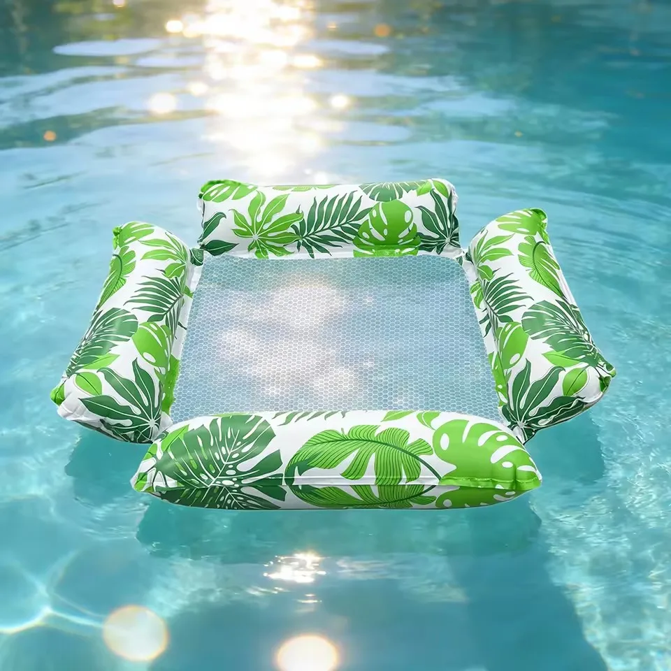 Rede Inflável Flutuante Para Piscina, Tapete Flutuante Dobrável Listrado, Espreguiçadeira Inflável Para Água Com Rede.