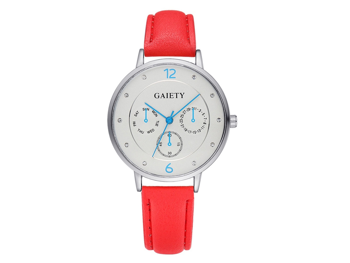 Reloj De Pulsera Analógico De Cuarzo Con Correa Pu, Tres Subcuadros Y Manos Fluorescentes Rojo