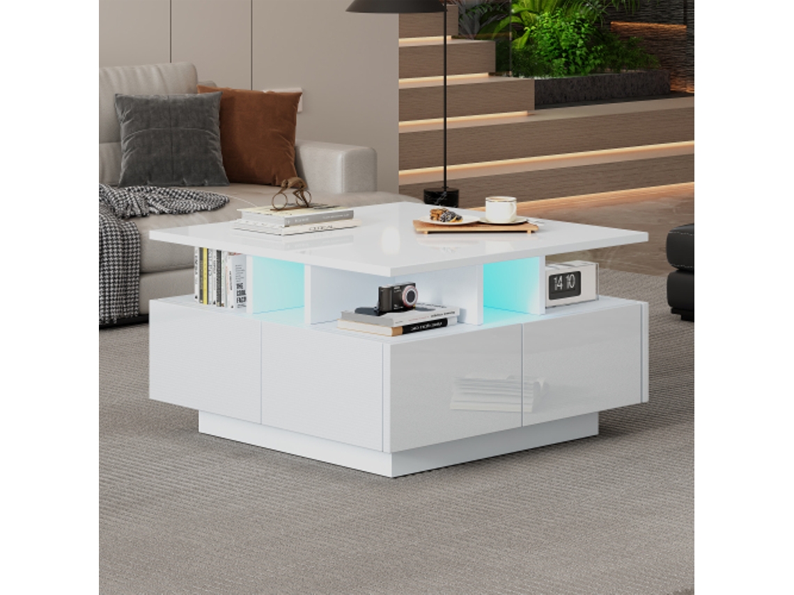 Mesa de Centro BTFORUS 70x70x40 cm com Luz Led 4 Gavetas e Design Geométrico branco carga Máxima 30 kg