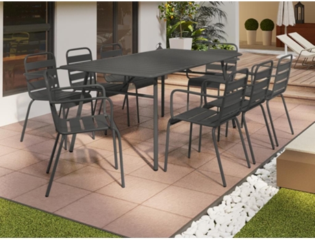 Comedor de Jardim de Metal com uma Mesa de 200 cm e 8 Cadeiras Empilháveis Cinza Escuro Mirmande de MYLIA