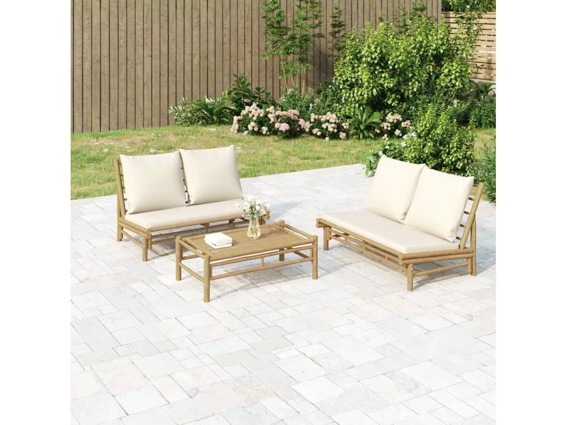 Vidaxl 3 Pcs Conjunto Lounge De Jardim Bambu C/ Almofadões Branco Nata