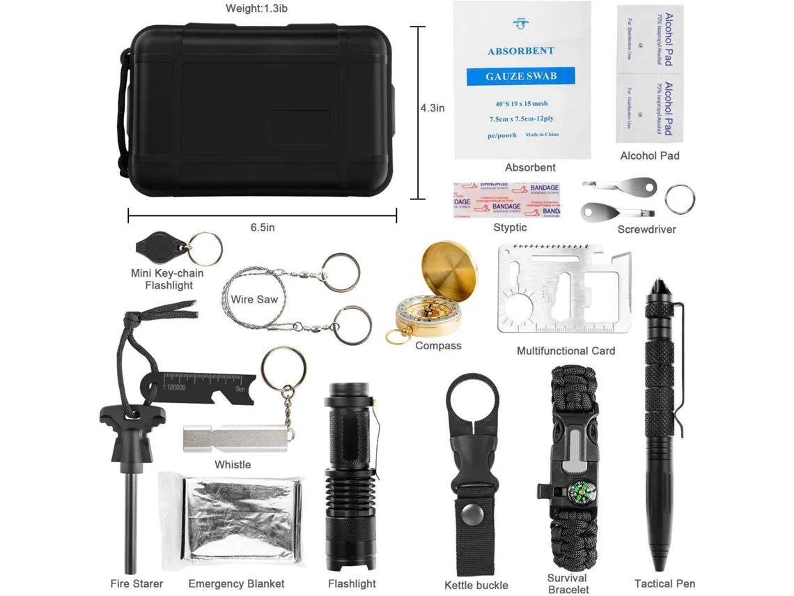 Kit De Sobrevivência Outdoor Kit De Campismo Kit De Emergência 15 Em 1 Preto Tommy01