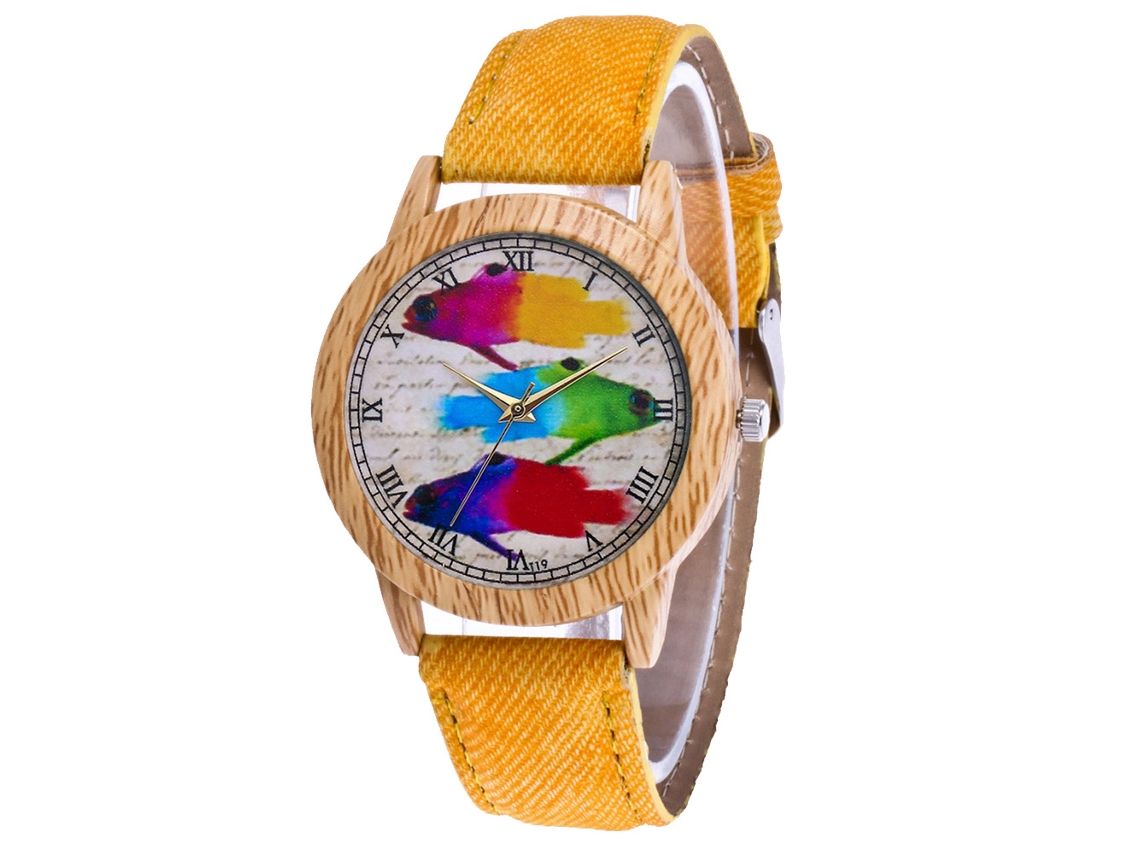 Reloj De Pareja Zhoulianfa Con Dial De Peces Coloridos Correa De Denim Amarillo Quartz