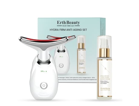 Conjunto Antienvelhecimento Hydra Firm Erth Skin London (massageador Anti Idade Para Rosto E Pescoço Branco Com Sérum De Ha)