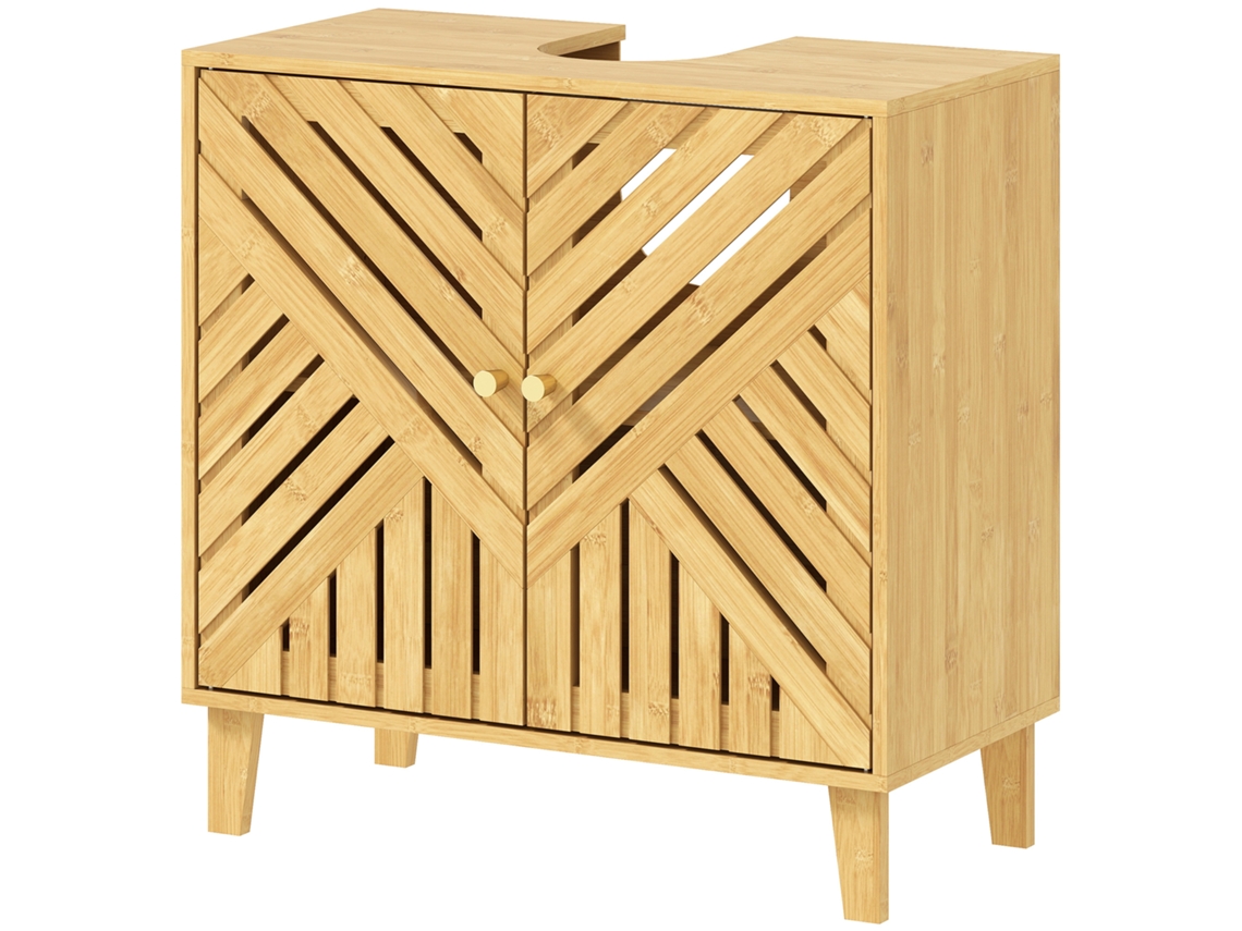 Móvel Para Lavatório Pousar Em Bambu Com Portas Ripadas Armário De Casa De Banho Para Sem Pedestal 60x30x60 Cm Madeira