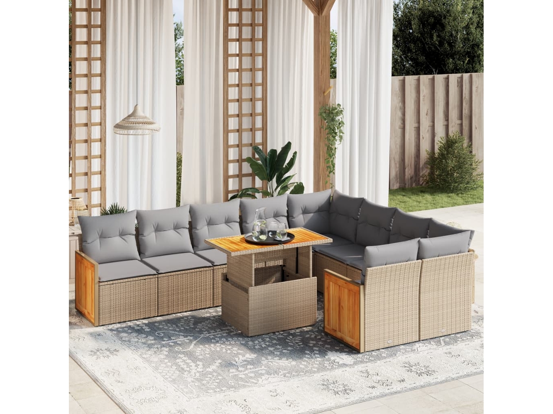 Conjunto de 10 Sofás para Jardim com Almofadas Vime Pe Bege Dkd Home Decor