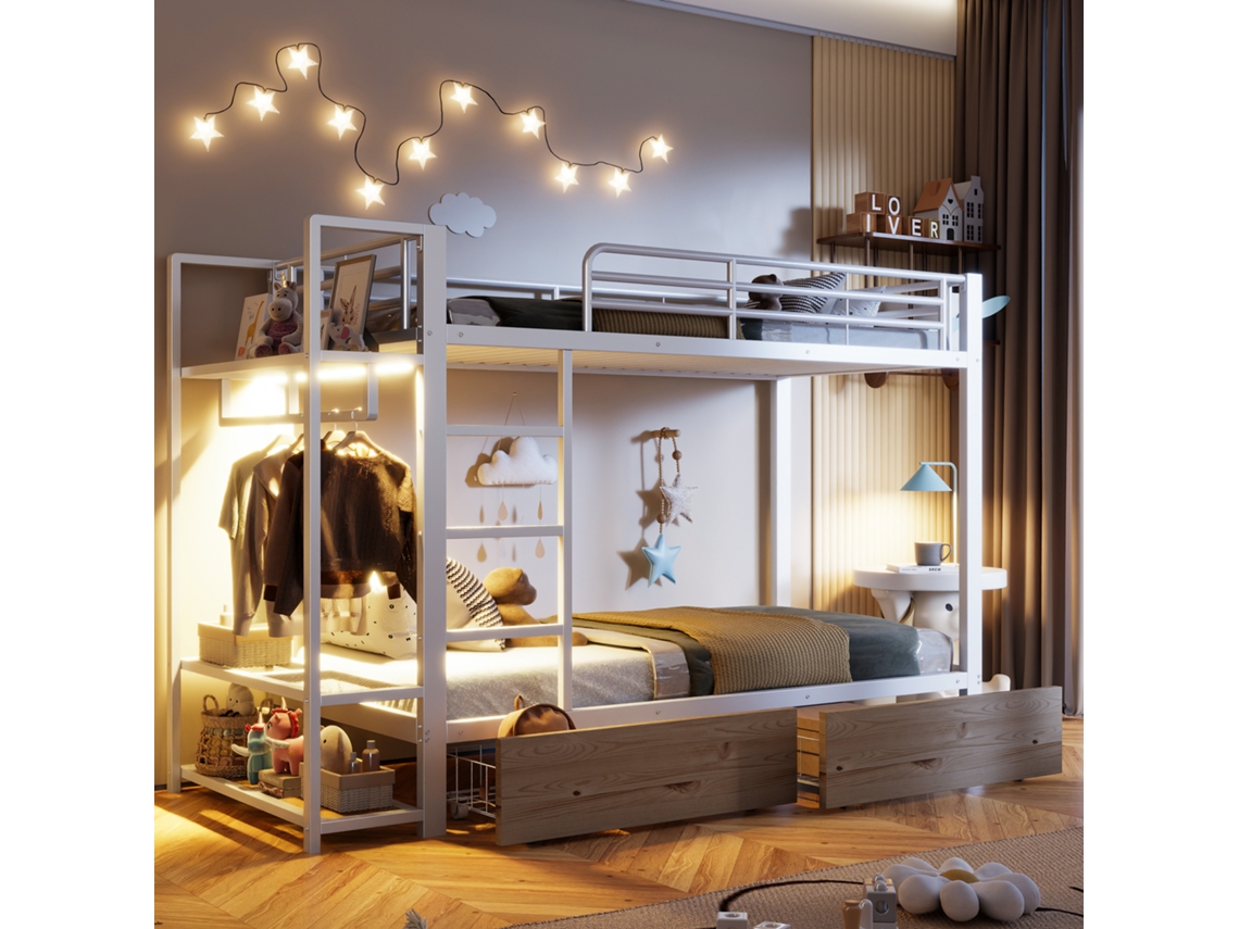 Beliche Ferro 90x200 2 Gavetas Prateleiras Led Varão Roupas Branco