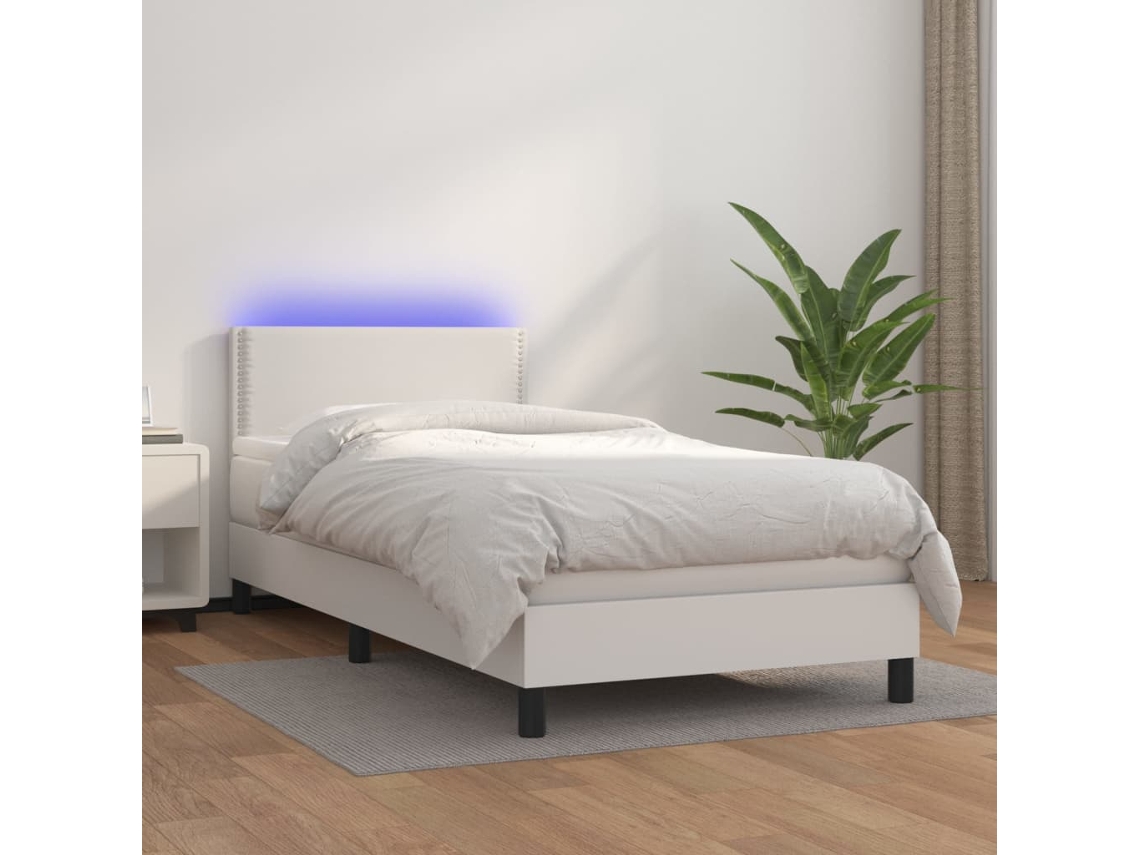 Vidaxl Cama Box Spring C/colchão/led 100x200cm Couro Artificial Branco