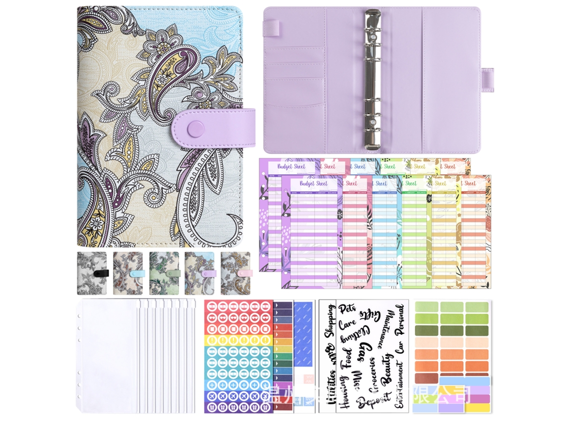 A6 Cashew Pattern Binder Budget Planner Notebook Purple, 8-zipper Pouches, 12-cash Envelopes, 2-english Stickers, Label