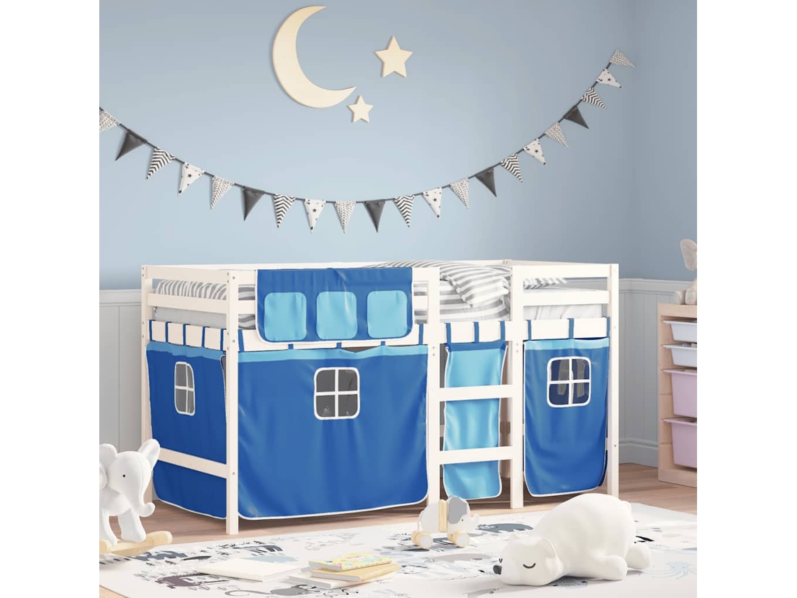 Cama Alta P/ Criança C/ Cortinas 90x190 Cm Pinho Maciço Azul