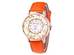 Relógio de Pulso Feminino de Moda com Pulseira de Couro Pu e Mostrador Redondo Laranja