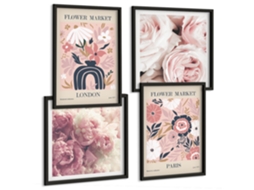 Composição De Quadros Na Parede Rosa, Torre Eiffel, Roda-gigante Moldura Preta Fotos Para O Escritório Espelharte (conjunto De 4 Imagens)