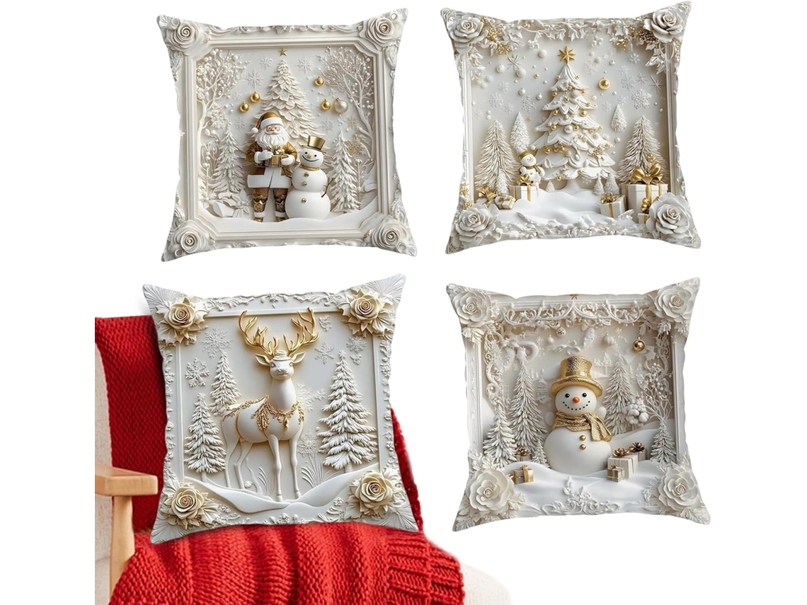 Conjunto De 4 Capas De Almofada Decorativas De Natal Com Estampa De Alce Branco |