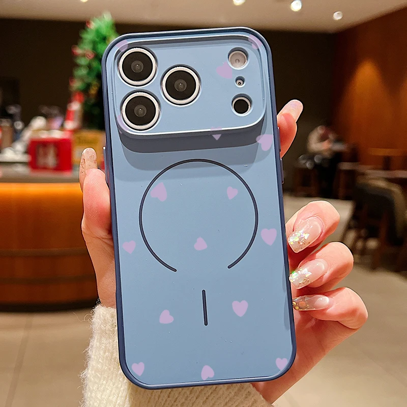 Capa Magnética Rígida Para Iphone 15 Pro Com Estampa De Corações Coloridos (azul).