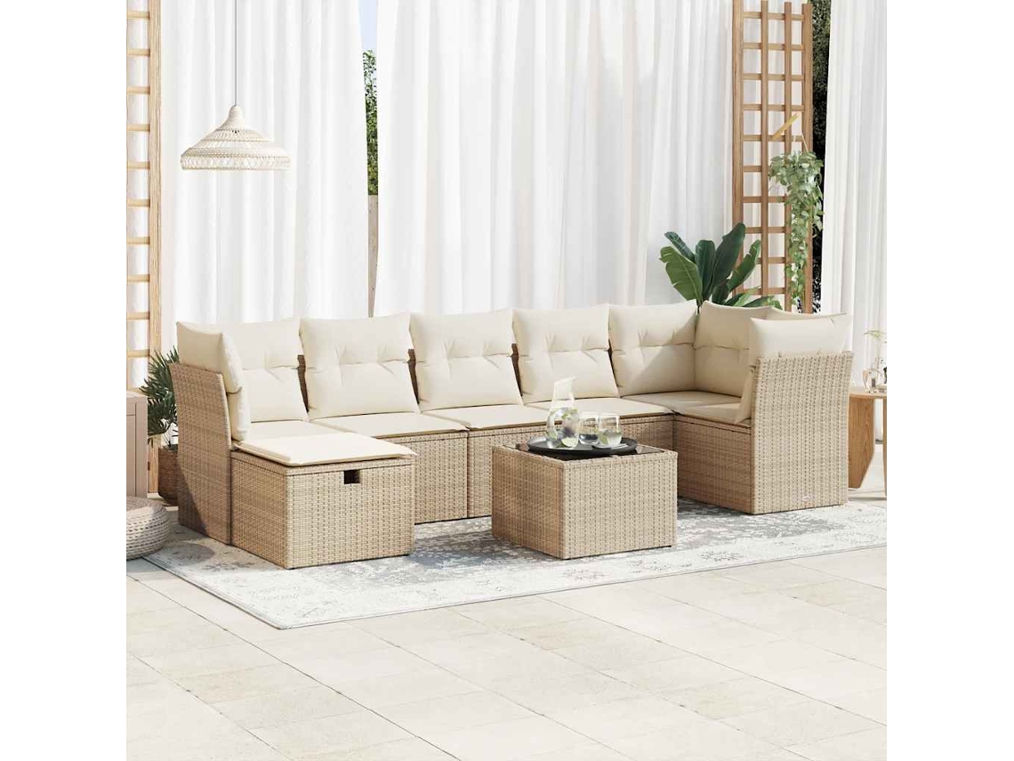 Vidaxl 8 Pcs Conjunto De Sofás P/ Jardim Com Almofadões Vime Pe Bege