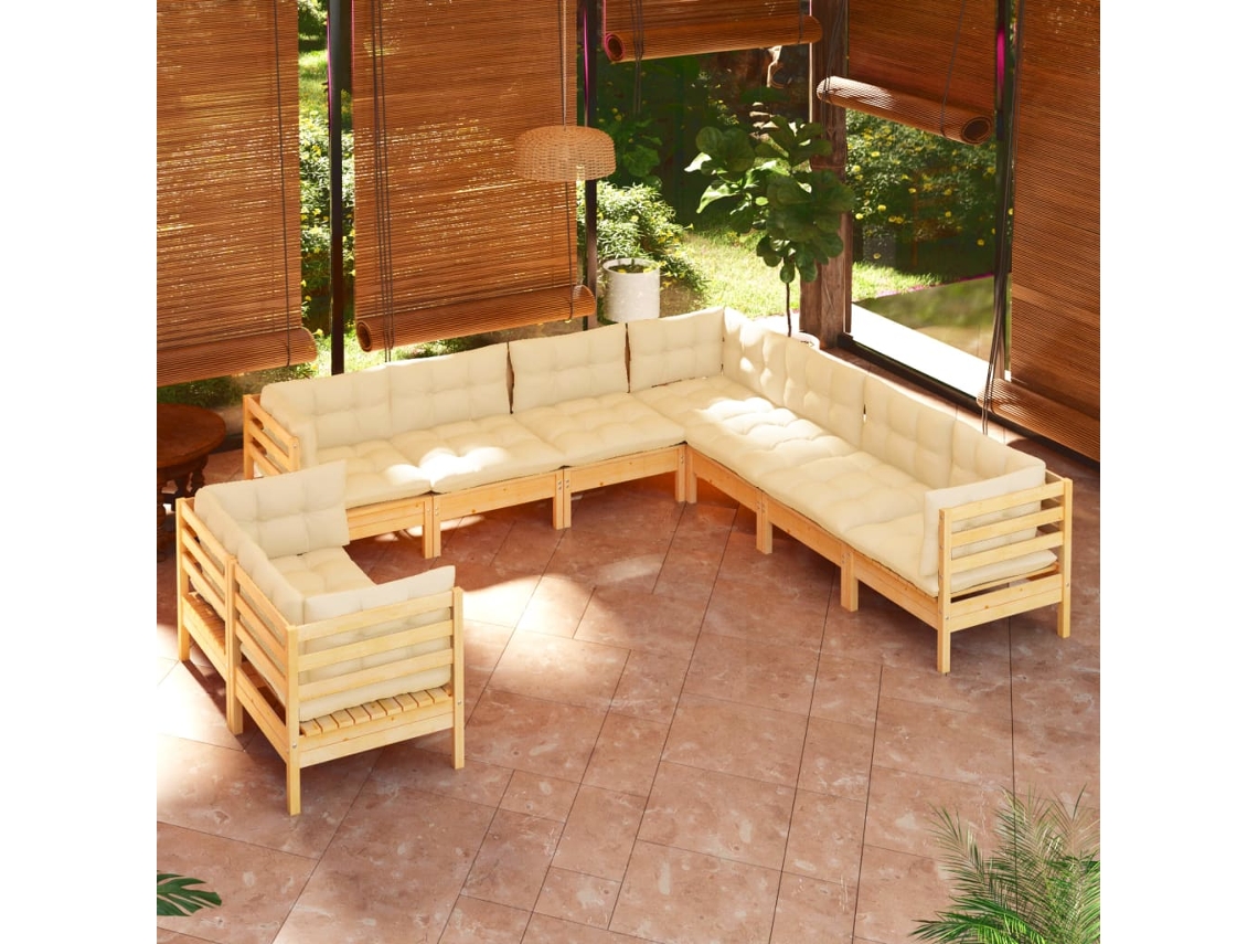 Pcs Conjunto Lounge Jardim C/ Almofadões Creme Pinho Maciço Dkd Home Decor