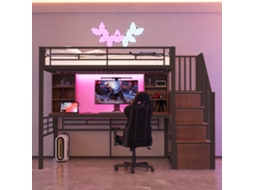 Beliche Mezanino 90x200cm com escrivaninha, escada com gavetas, led colorido, tomada europeia, preto KOMHTOM