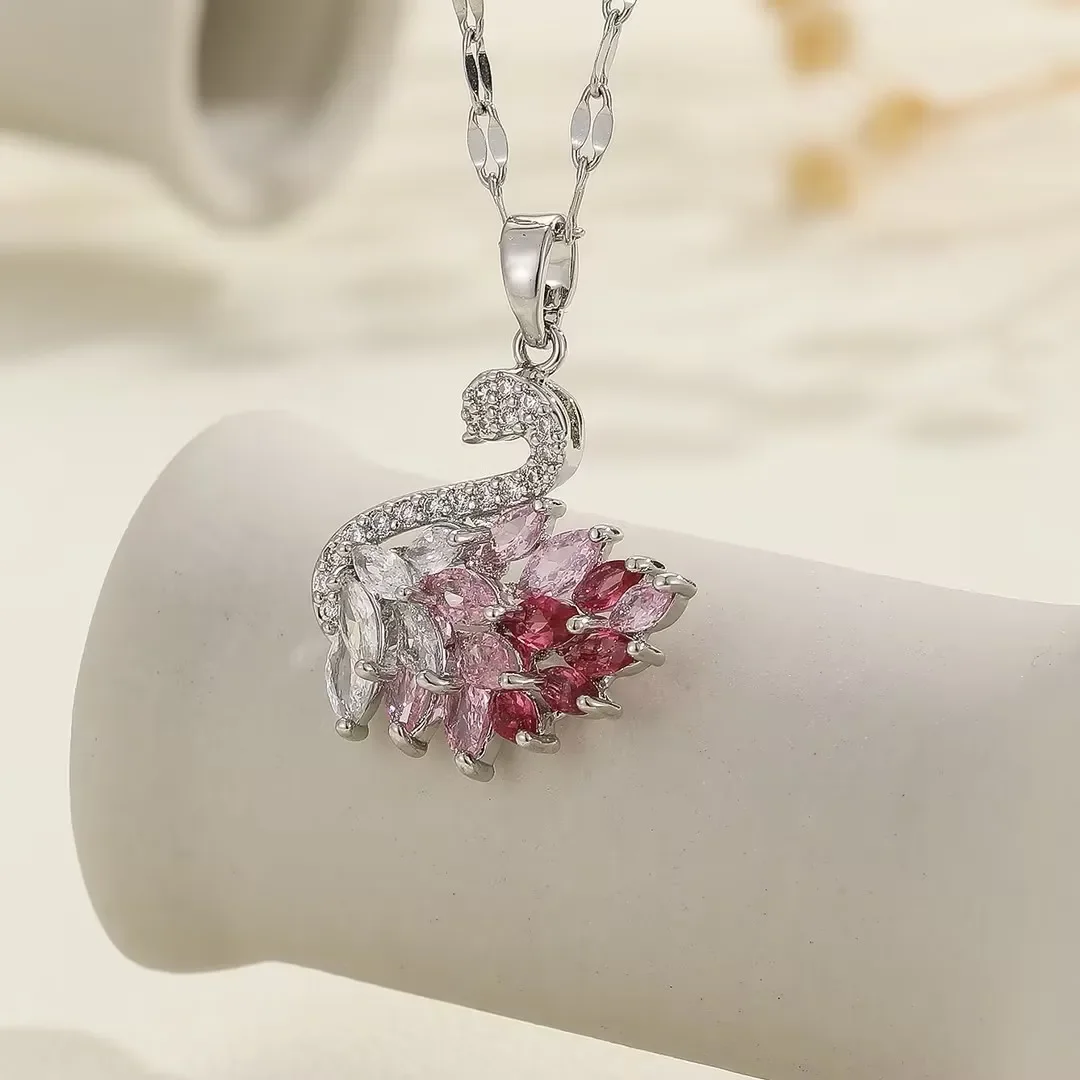 Colar Com Pingente De Cisne Em Zircônia Cúbica Rosa Prateado, Em Latão, Um Presente Romântico Perfeito Para As Festas De Fim De Ano.
