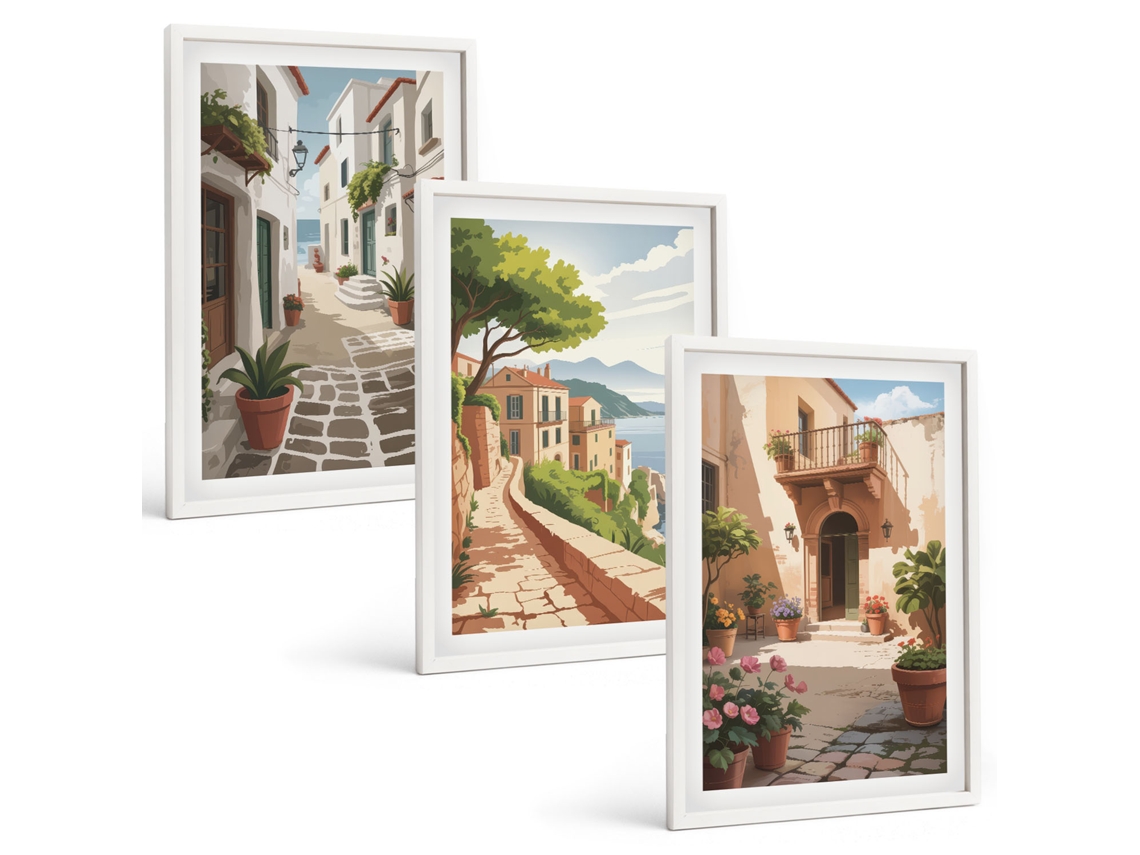 Galeria De Pinturas Murais Ruas, Casas, Plantas, Vasos Moldura Branca Pinturas De Quarto Espelharte (3 Piezas De 40x60 Cm)