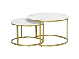 Conjunto de 2 Mesas de Centro Encaixáveis Redondas com Efeito Mármore e Pés de Aço Ø 74x46,3 cm BRANCO/DOURADO ORBITRA COMMERCE