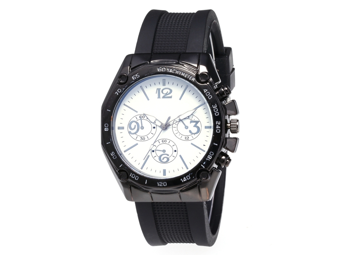 Relógio de quartzo casual masculino e feminino com pulseira de silicone e mostrador preto e branco.