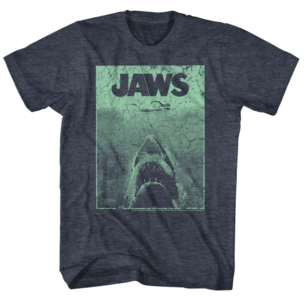 Rockinstone Jaws Movie Green Jaws Heather Navy Adult T-shirt Size:s