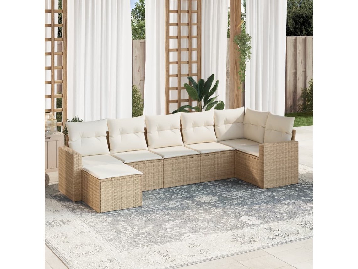 Conjunto de sofás de 7 peças para jardim com almofadas Vime Pe Bege Dkd Home Decor