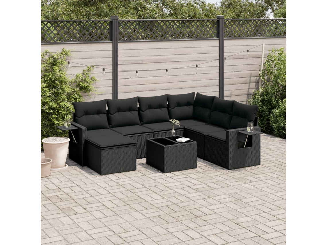 8 Pcs Conjunto Sofás De Jardim Com Almofadões Vime Pe Preto Dkd Home Decor