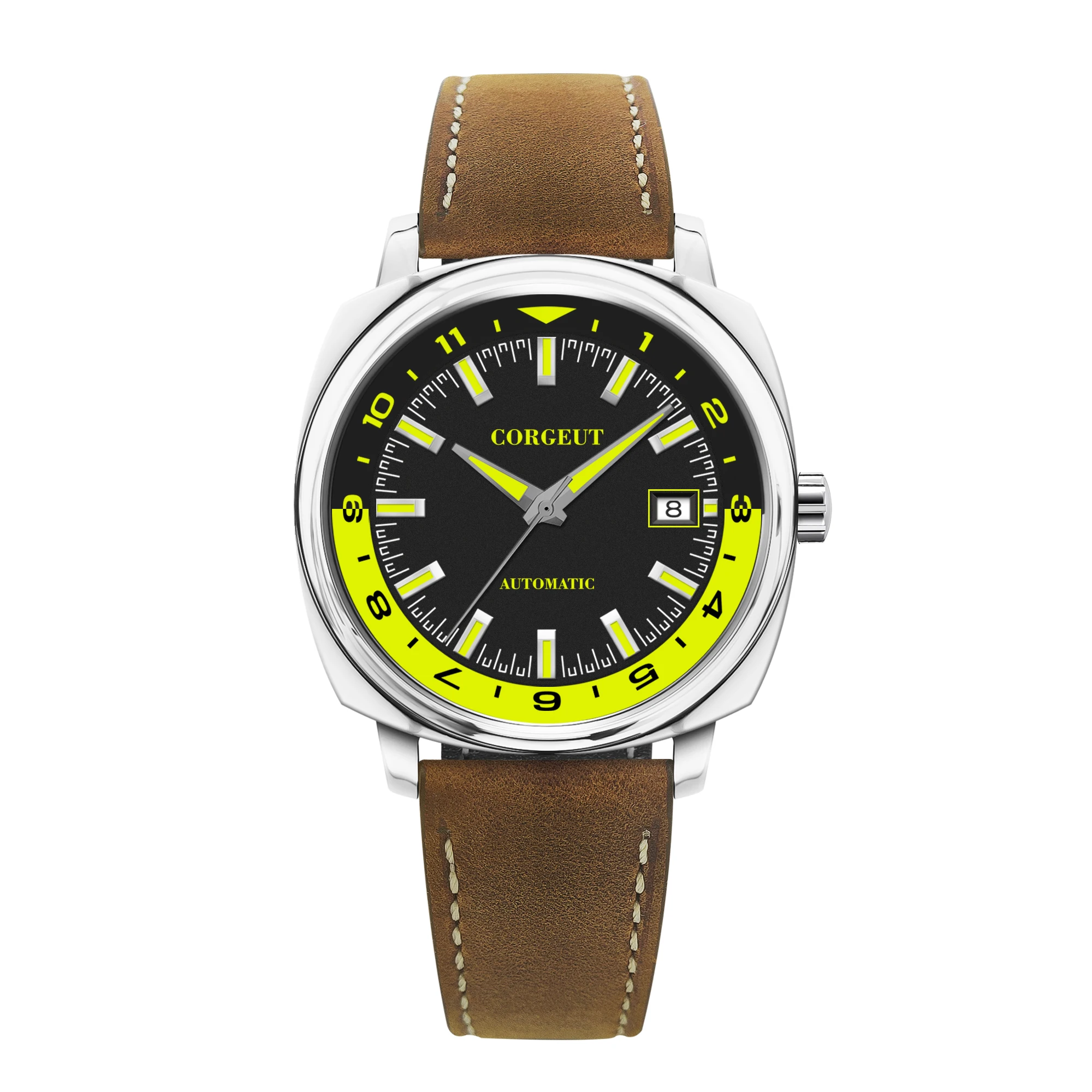 Relógio Masculino Mecânico Automático De 42 Mm (preto E Amarelo), Com Vidro Mineral Resistente À Água.