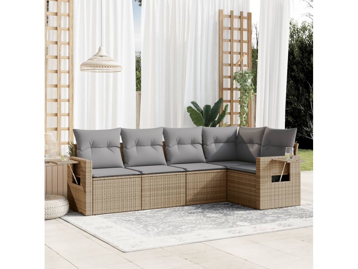 Vidaxl 5 Pcs Conjunto de Sofás P/ Jardim com Almofadões Vime Pe Bege