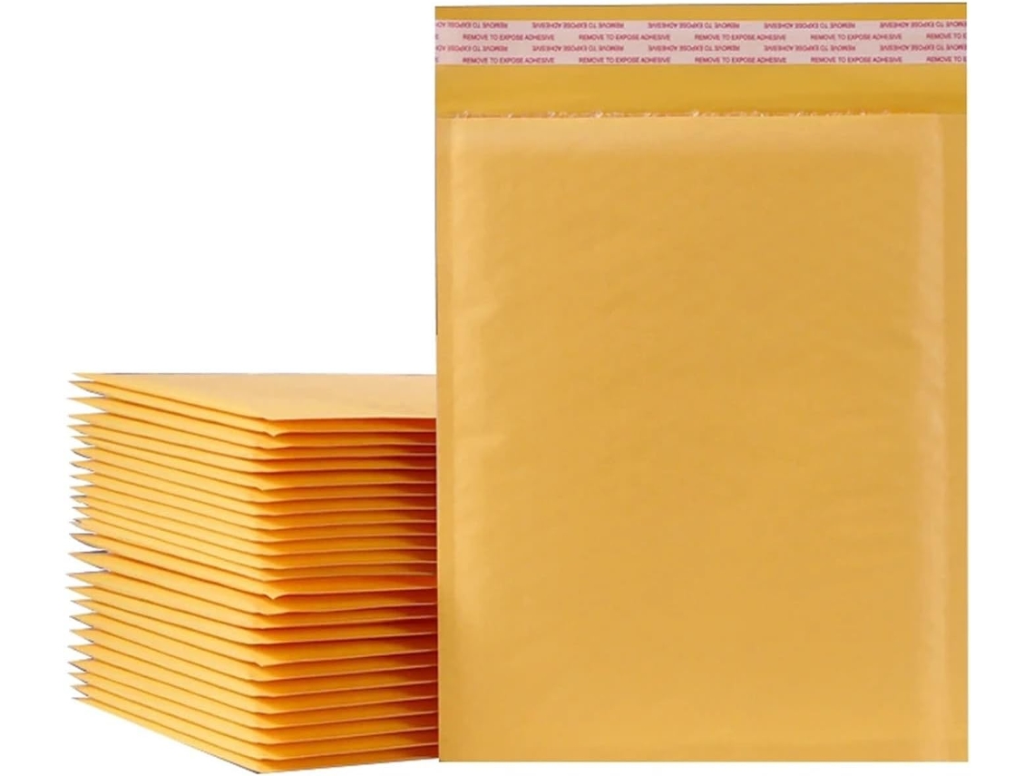 Envelopes acolchoados de papel kraft amarelo com fecho autoadesivo, vários tamanhos, pacote com 10 unidades.
