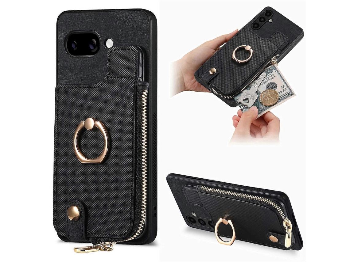 Capa Traseira De Couro Com Zíper E Suporte Circular Para Google Pixel 9a