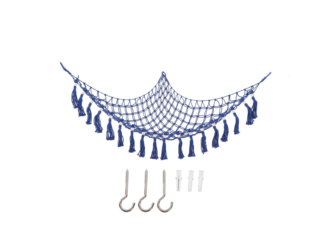 Rede triangular trançada com contas de madeira e borlas para guardar brinquedos de pelúcia (modelo 2026), azul royal.